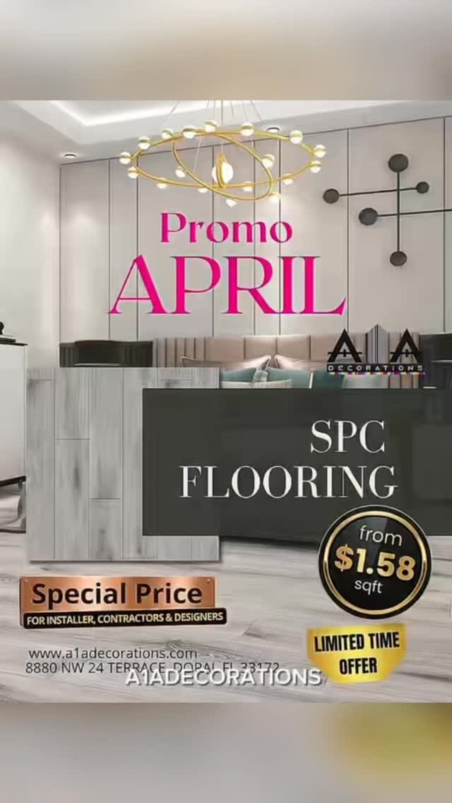 Elevate your space with the latest in SPC Flooring! 🏠✨
At A1A Decorations, our new collection has arrived! Discover modern colors, realistic textures, and the ultimate durability for your home or office. Style meets strength in every plank.

💰 PROMO PRICE: Starting at $1.58/sqft.
👷‍♂️ CONTRACTORS: We offer exclusive special pricing for your projects!

#A1ADecorations #SPCFlooring #DoralDesign #MiamiHomeRemodel #FlooringDeals