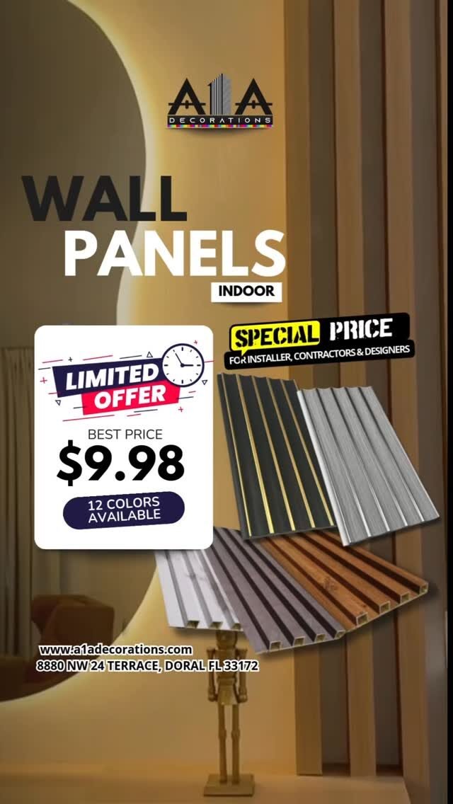 Looking for that premium look without the premium price tag? Our Indoor Wall Panels are now available for just $9.98 at A1A Decorations!

• 🎨 12 Stunning Colors to match any aesthetic.
• 🛠️ Full Inventory: We have all the materials you need for your complete renovation.

• ⏱️ Limited Time Offer: This deal won’t last forever!
Don’t just dream about a beautiful home—build it. Visit us today and grab your favorite style before they’re gone!

📞 (786) 953-5361 
📞 (786) 712-7954 
📞 (786) 318-8753 
📞 (305) 783-4781

#A1ADecorations #HomeRenovation #WallPanels #InteriorDesign LimitedTimeOffer HomeImprovement ModernDec