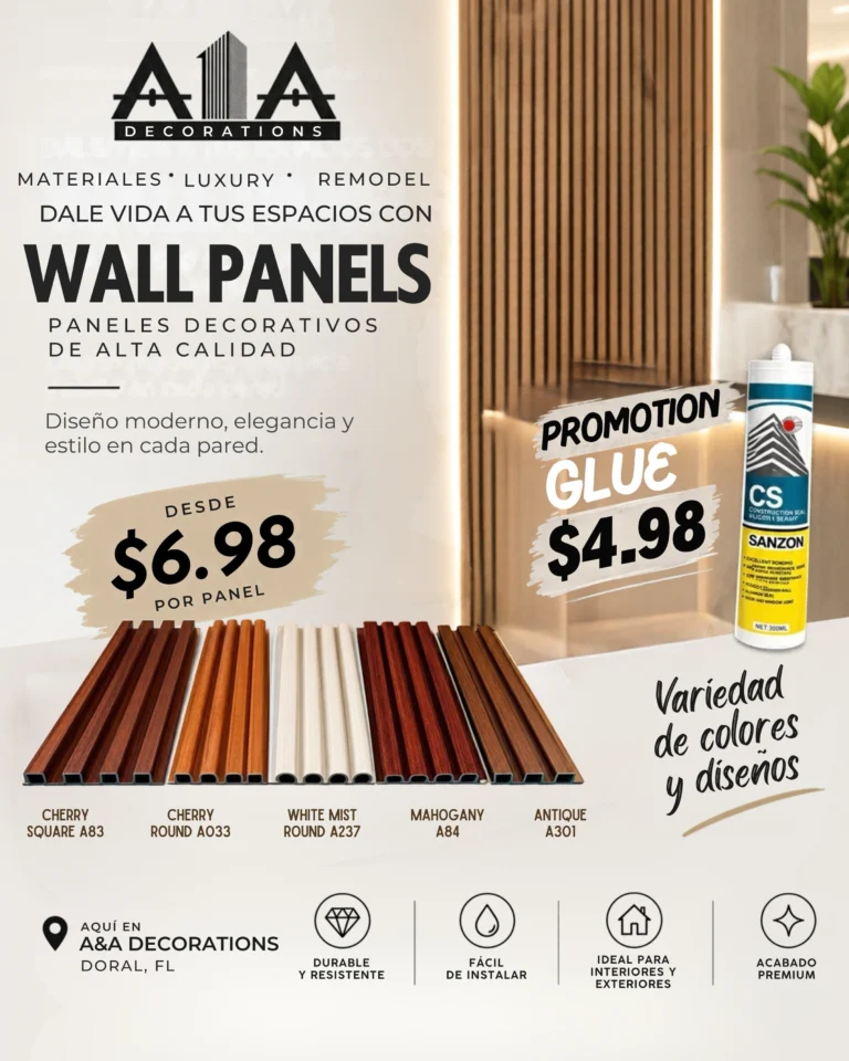 ✨ ¡Dale vida a tus espacios con nuestros Wall Panels de alta calidad! ✨

¿Buscas diseño moderno, elegancia y estilo en cada pared? En A&A Decorations tenemos los materiales “luxury” perfectos para tu remodelación.

Nuestros paneles decorativos destacan porque son:
💎 De acabado premium.
🛡️ Altamente durables y resistentes.
🛠️ Muy fáciles de instalar.
🏡 Ideales para interiores y exteriores.
🎨 Contamos con una gran variedad de colores y diseños para que elijas el que mejor se adapte a tu estilo: Cherry Square, Cherry Round, White Mist, Mahogany y Antique.
🔥 PRECIOS INCREÍBLES:
👉 Paneles desde $6.98 por panel.
👉 ¡Promoción especial en pegamento (Promotion Glue) por solo $4.98!

📍 Te esperamos aquí en A1A Decorations en Doral, FL. ¡

Ven y transforma tus ambientes hoy mismo!

#A1ADecorations #WallPanels #Remodelacion #InteriorDesign #DecoracionDoral DoralFlorida LuxuryMaterials PanelesDecorativos DiseñoDeInteriores ArquitecturaMiami