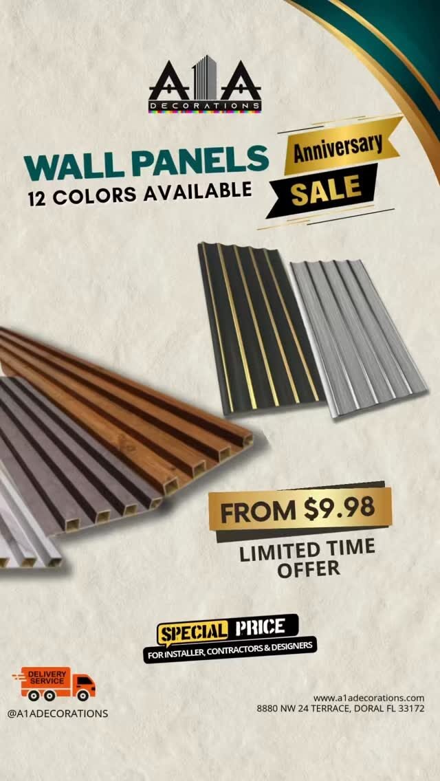 🎈WALL PANELS PROMO ANIVERSARY 🎊
Looking for that premium look without the premium price tag? Our Indoor Wall Panels are now available for just $9.98 at A1A Decorations!

• 🎨 12 Stunning Colors to match any aesthetic.
• 🛠️ Full Inventory: We have all the materials you need for your complete renovation.

• ⏱️ Limited Time Offer: This deal won’t last forever!
Don’t just dream about a beautiful home—build it. Visit us today and grab your favorite style before they’re gone!

📞 (786) 953-5361 
📞 (786) 712-7954 
📞 (786) 318-8753 
📞 (305) 783-4781

#A1ADecorations #HomeRenovation #WallPanels #InteriorDesign LimitedTimeOffer HomeImprovement ModernDec