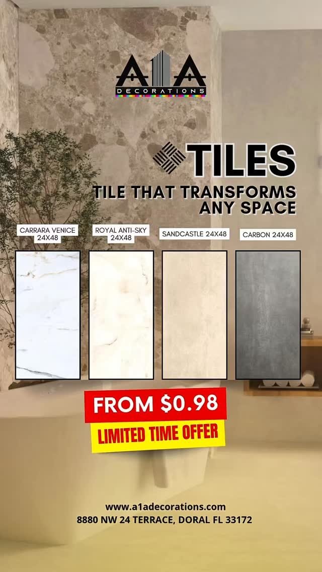 Elevate your space with timeless elegance. ✨🏛️

Are you ready to turn your home into a modern masterpiece? At A1A DECORATIONS, we believe luxury should be accessible. Discover our stunning collection of modern tiles designed to bring sophistication to every corner of your home.

🔥 SPECIAL PROMO: Premium tiles starting at just $0.98/sqft!

Don’t just remodel—reimagine your lifestyle.

📍 Visit our Showroom in Doral: 8880 NW 24th Terrace, Doral, FL 33172

📞 (786) 953-5361 
📞 (786) 712-7954 
📞 (786) 318-8753 
📞 (305) 783-4781

📲 DM us for a quote or click the link in our bio for more details!