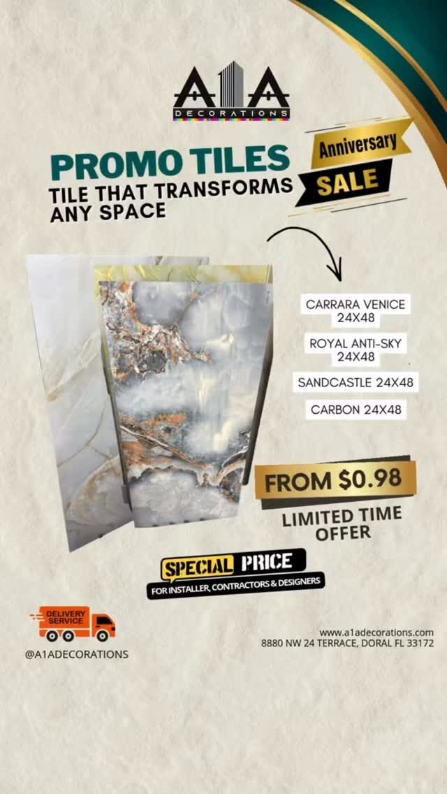 PROMO TILES ANIVERSARY🎊
Are you ready to turn your home into a modern masterpiece? At A1A DECORATIONS, we believe luxury should be accessible. Discover our stunning collection of modern tiles designed to bring sophistication to every corner of your home.

🔥 SPECIAL PROMO: Premium tiles starting at just $0.98/sqft!

Don’t just remodel—reimagine your lifestyle.

📍 Visit our Showroom in Doral: 8880 NW 24th Terrace, Doral, FL 33172

📞 (786) 953-5361 
📞 (786) 712-7954 
📞 (786) 318-8753 
📞 (305) 783-4781

📲 DM us for a quote or click the link in our bio for more details!