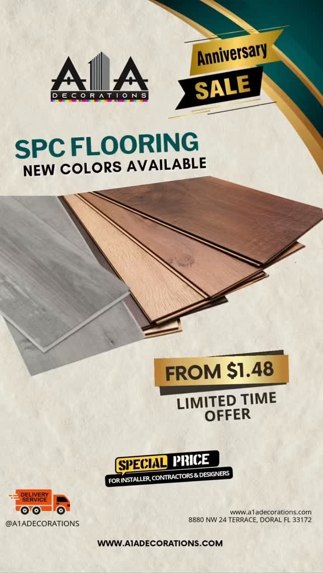 Presentamos nuestra nueva colección de pisos SPC Flooring. Nuevos colores, texturas realistas y la elegancia que tus proyectos merecen.

• 💧 100% Waterproof: Olvídate de las preocupaciones por la humedad.
• 🛡️ Ultra Resistentes: Diseñados para el alto tráfico y el día a día.
• 🎨 Nuevos Tonos: Desde maderas nórdicas hasta robles profundos.

Transforma cada rincón desde solo $1.48 sqft.

🏗️ ¿Eres contratista? Pregunta por nuestros precios especiales por volumen.

 ¡Queremos ser tus aliados!

📲 Contáctanos ahora por DM o al link de nuestra biografía. Somos A1ADECORATIONS.

📞 (786) 953-5361
📞 (786) 712-7954
📞 (786) 318-8753
📞 (305) 783-4781

8880 NW 24th Terrace, Doral, FL 33172

#A1ADECORATIONS #SPCFlooring #InteriorDesign #Remodelacion #FlooringIdeas Contratistas HomeImprovement PisosSPC