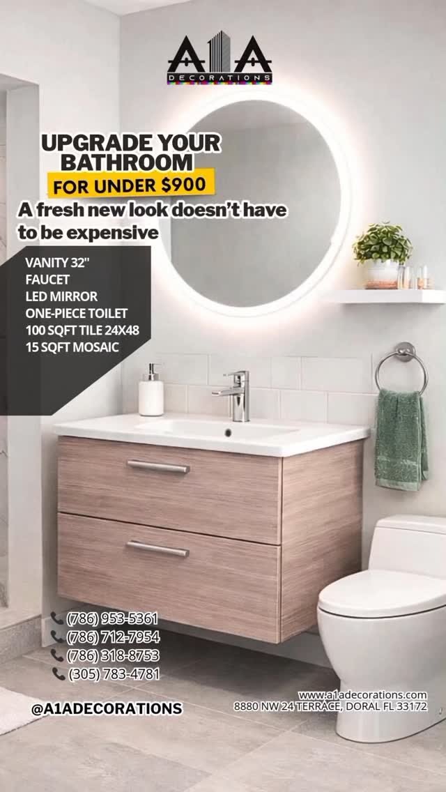 Remodel your entire bathroom for under $900! 🛁✨

Thought a luxury transformation was out of reach? At A1A Decorations, we’re proving it’s not. Grab this complete bundle and give your home the upgrade it deserves:

✅ 32" Vanity
✅ Elegant Faucet
✅ LED Mirror 
✅ One-piece Toilet 
✅ 100 SqFt of 24x48 Tile 
✅ 15 SqFt of Mosaic

All of this for an incredible price. Stop dreaming about it and start building it!

📍 Visit our showroom or slide into our DMs for more info. 🚀 Limited stock available!
📞 (786) 953-5361 
📞 (786) 712-7954 
📞 (786) 318-8753 
📞 (305) 783-4781

#A1ADecorations #BathroomRemodel #HomeImprovement #InteriorDesign #BudgetFriendly BathroomDesign HomeRenovation MiamiRealEstate HomeDecor