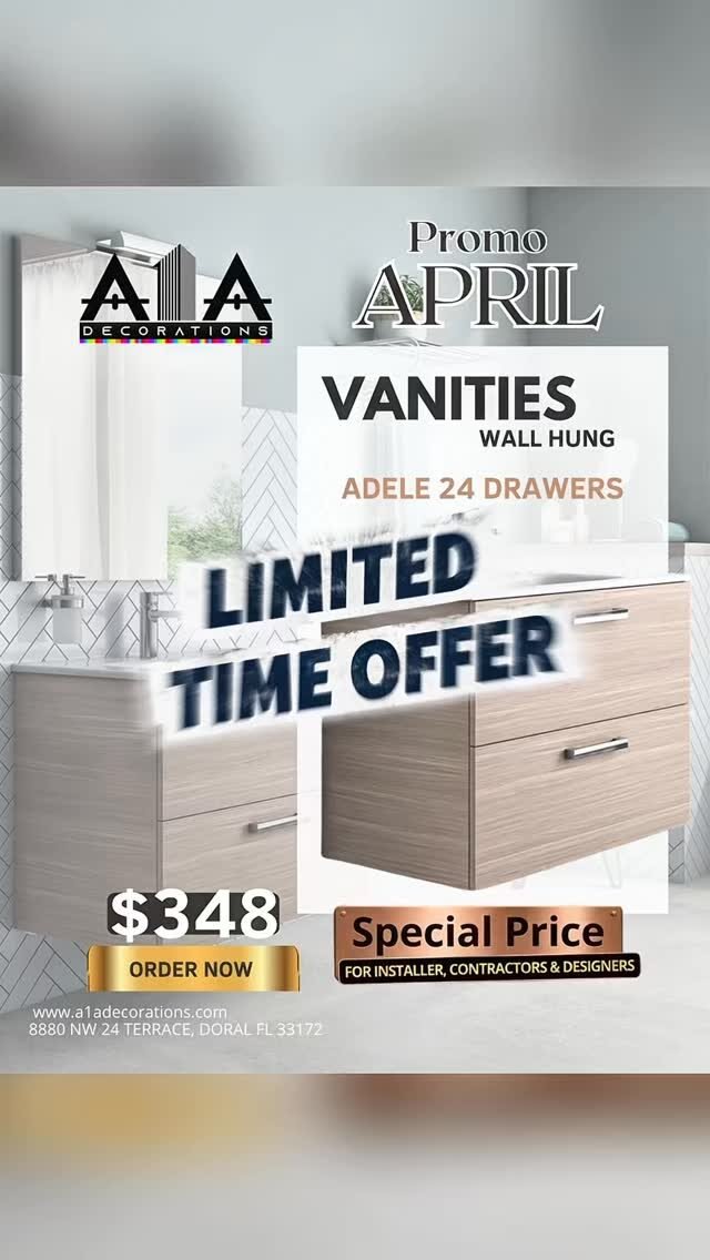 ELEVATE YOUR BATHROOM DESIGN ✨

Whether you love the classic look of a Floor Vanity or the modern, airy feel of a Wall-Hung style, we have the perfect fit for your home.

Upgrade your bathroom with our premium selection:
📏 Available Sizes: 24” and 36”
💎 Styles: Floor-standing & Floating (Wall-hung)
⏳ Limited Time Promotion!
Don’t miss the chance to give your bathroom the high-end look it deserves at an incredible price.

📍 Visit our Showroom in Doral
📞 Call us now for more details!
A1ADECORATIONS — Quality and style in every corner

📞 (786) 953-5361
📞 (786) 712-7954
📞 (786) 318-8753
📞 (305) 783-4781